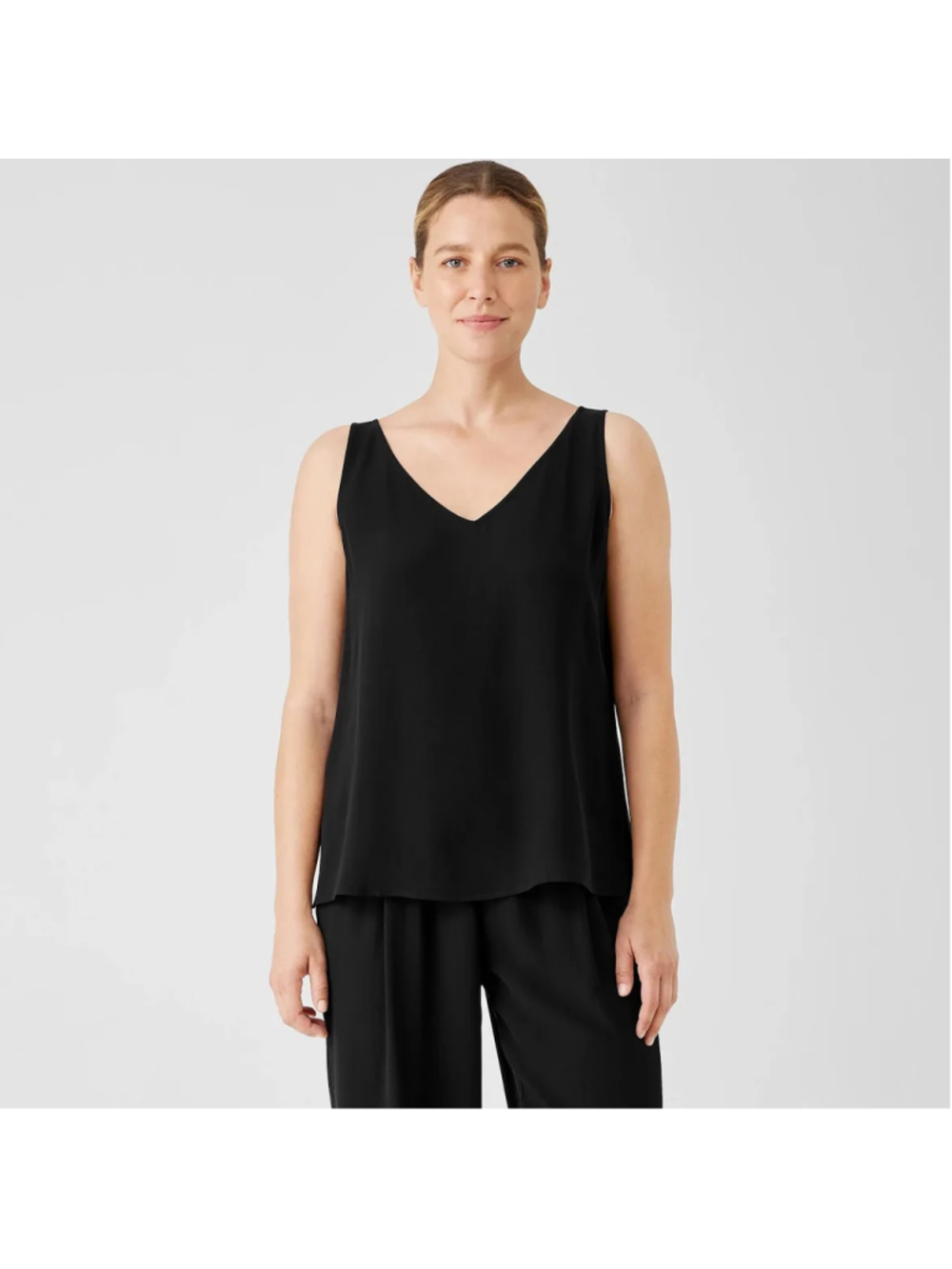Eileen Fisher 100% Stretch Silk Jersey V-Neck Tank Top Black Sleeveless Shell M